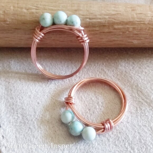 Hand Crafted Jewelry - Mint Green Jasper & Copper! Slim Beaded Handmade Rings - Sturdy Every Day Wear!